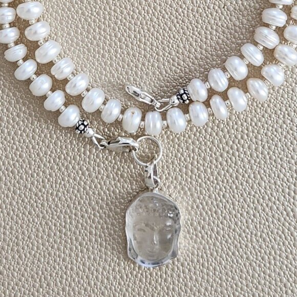 WHITE PEARL NECKLACE W/ BUDDHA PENDANT--18" - Picture 3 of 5
